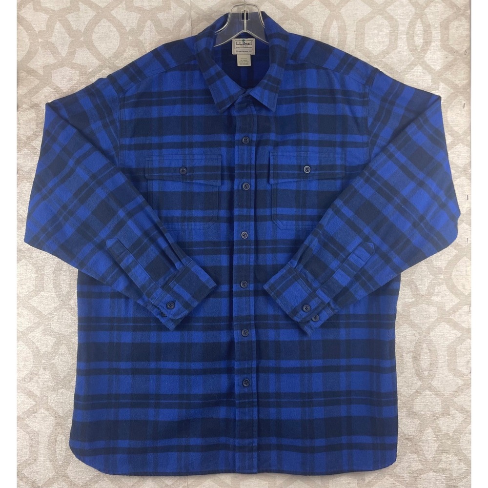 LL Bean Mens XL Blue Black Plaid‎ Flannel Shirt Traditional Fit Cotton 277981